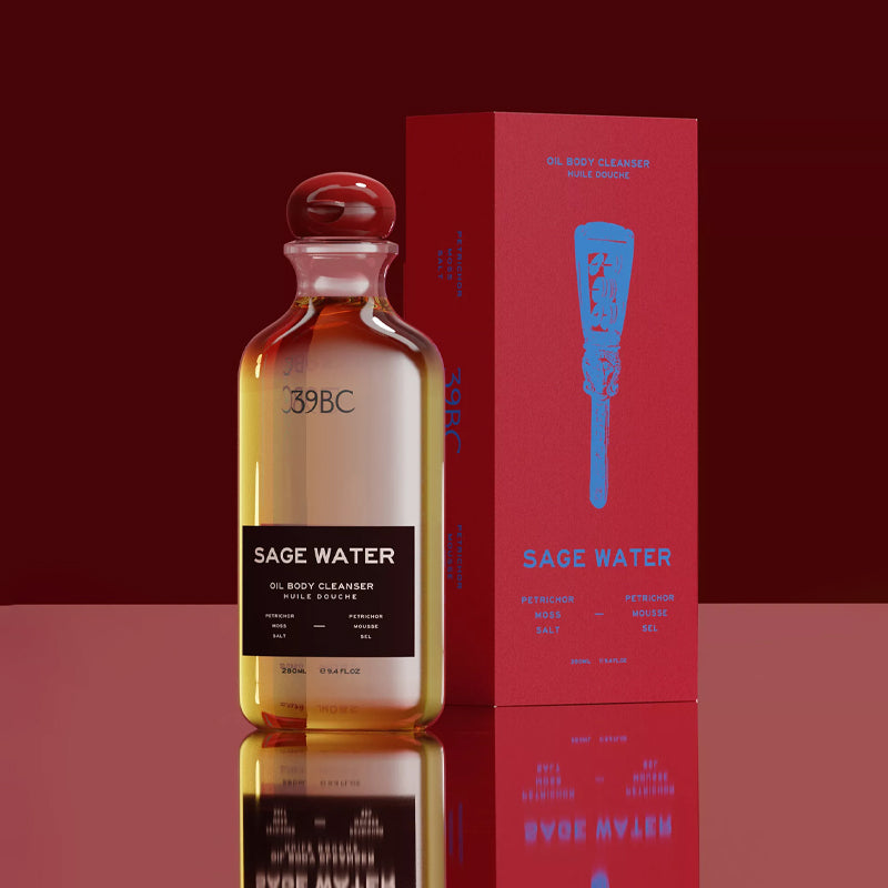 Sage Water bottle and packaging on a reflective surface with a red background
