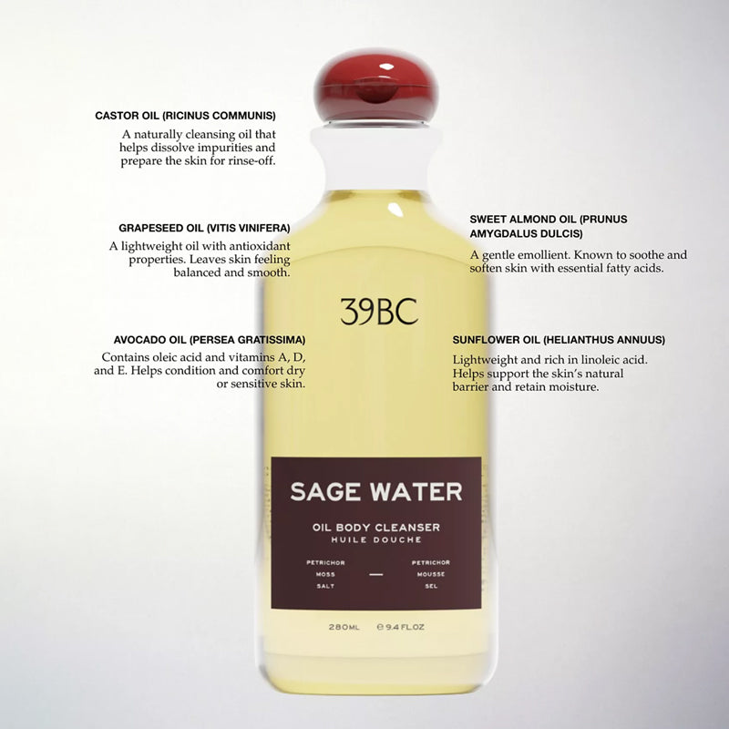 Bottle of Sage Water oil body cleanser with ingredients listed on a white background