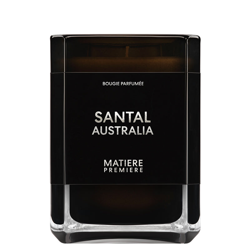 Black candle container with 'Santal Australia' branding on a white background. Santal Australia - Candle | Matiere Premiere | AEDES.COM