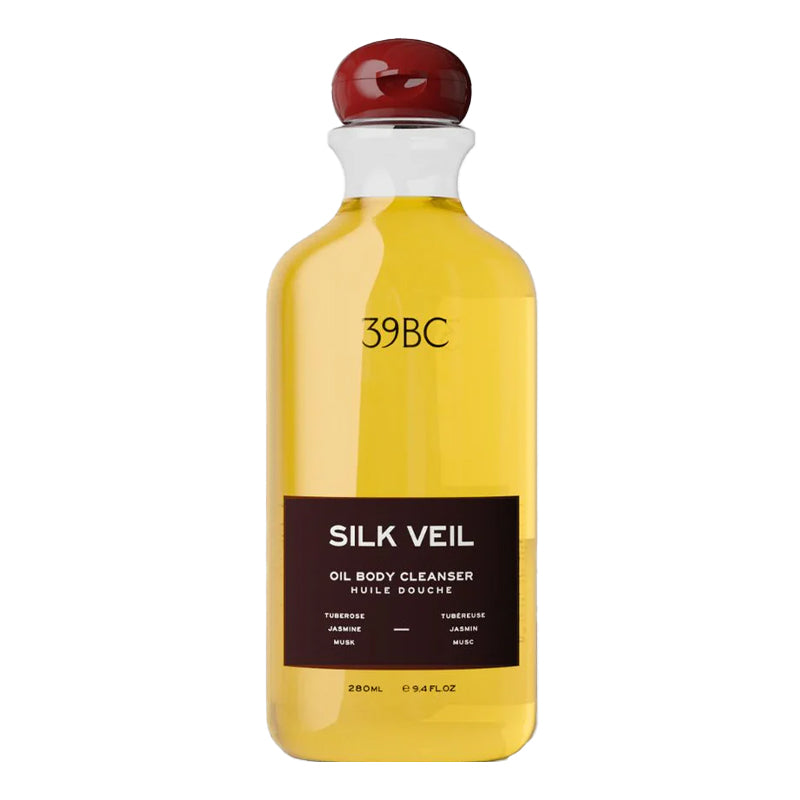 Yellow bottle of 39BC Silk Veil Oil Body Cleanser on a white background