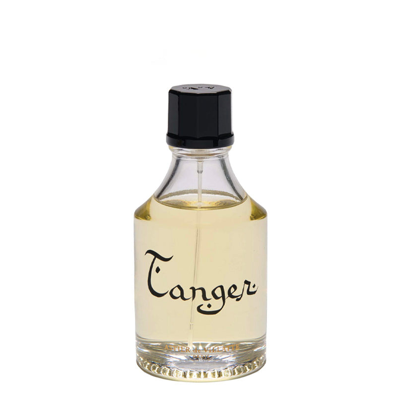 Tanger Parfum 3.4oz or 100ml bottle by Astier de Villatte.  Clear bottle with the writing "Tanger" and clear golden fragrance.  The cap is black.