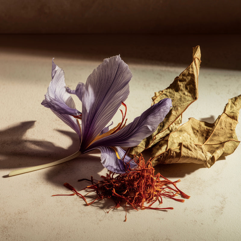 Saffron with purple petals and brown stigmas on a textured surface