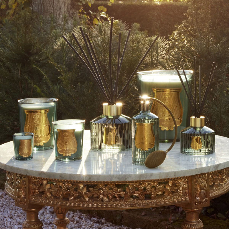 Trudon Figuerie room spray bottle and figuerie candles and diffuser sticks sitting on a gold antique table with a Mediterannean landscape in the background