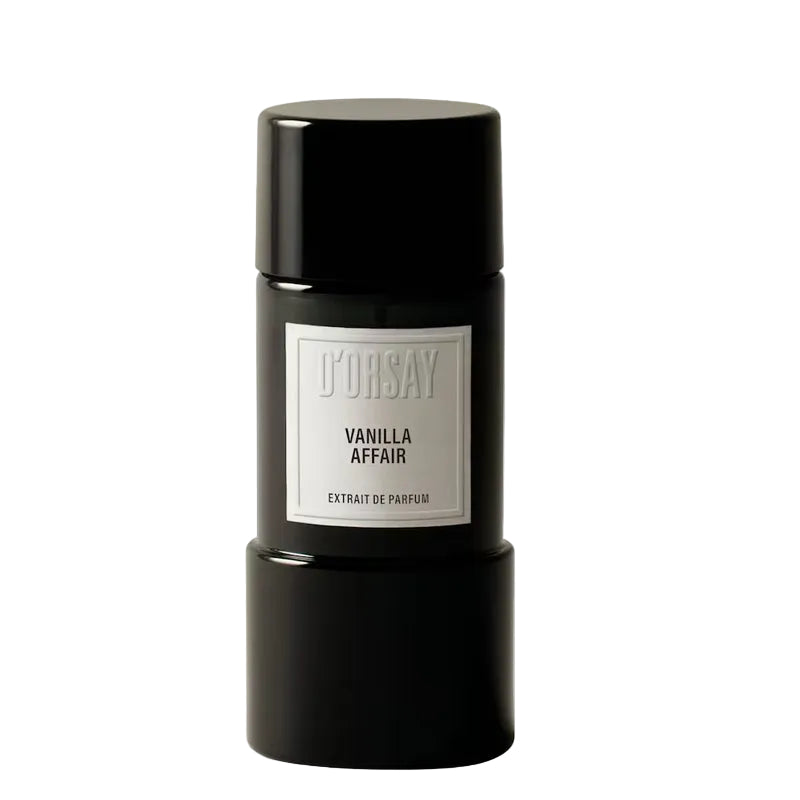 Black fragrance flacon by D'Orsay. White square label reads D'Orsay Vanilla Affair Extrait de Parfum. Size is 3oz