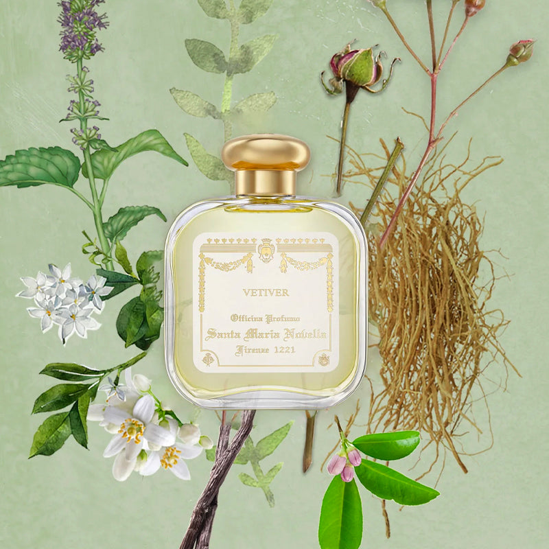 Vetiver | Santa Maria Novella Collection | Aedes.com. Perfume bottle with botanical elements on a light green background